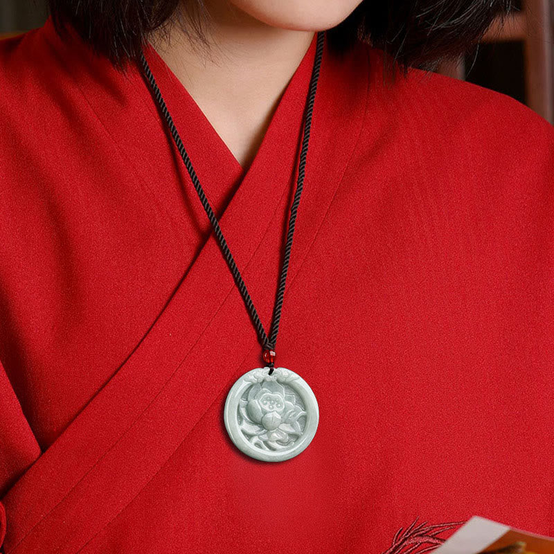 Wear FengShui Natural Jade Lotus Flower Carved Prosperity Necklace Pendant