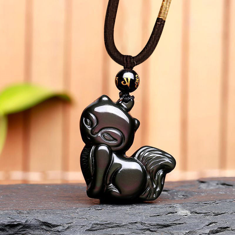 Wear FengShui Natural Rainbow Obsidian Gold Sheen Obsidian Nine Tailed Fox Positive Necklace Pendant