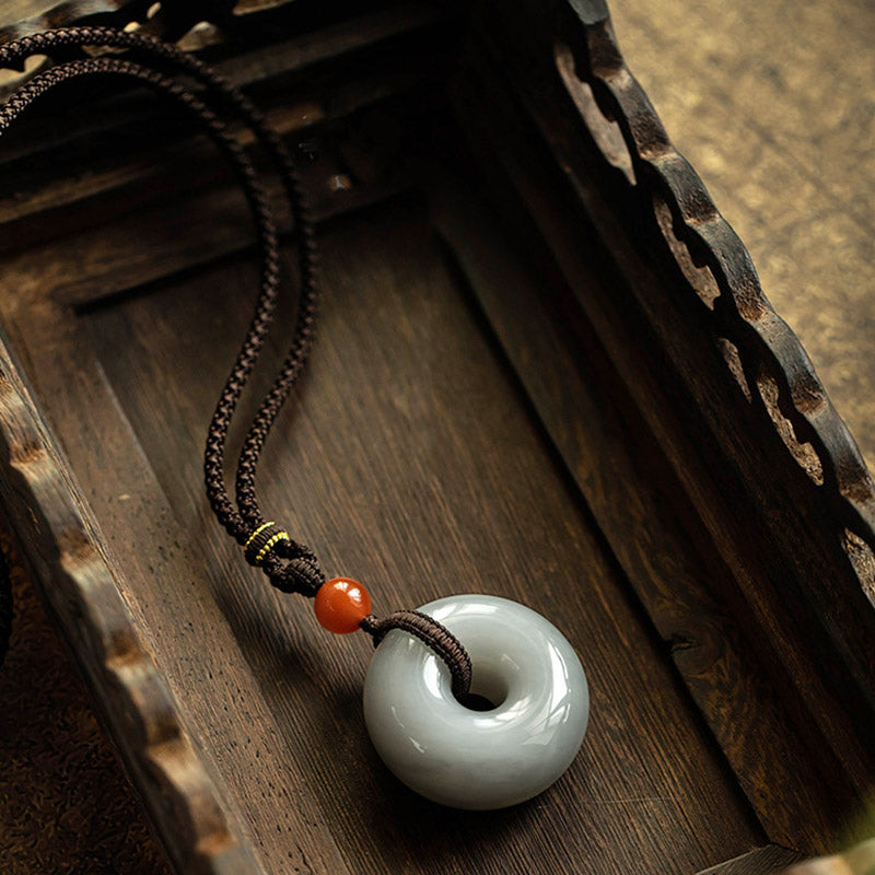 Wear FengShui Natural Round Jade Gray Jade Peace Buckle Luck Necklace Pendant