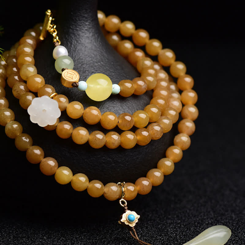 Wear FengShui Natural Hetian Topaz Amber Lotus White Jade Pearl Success Bracelet
