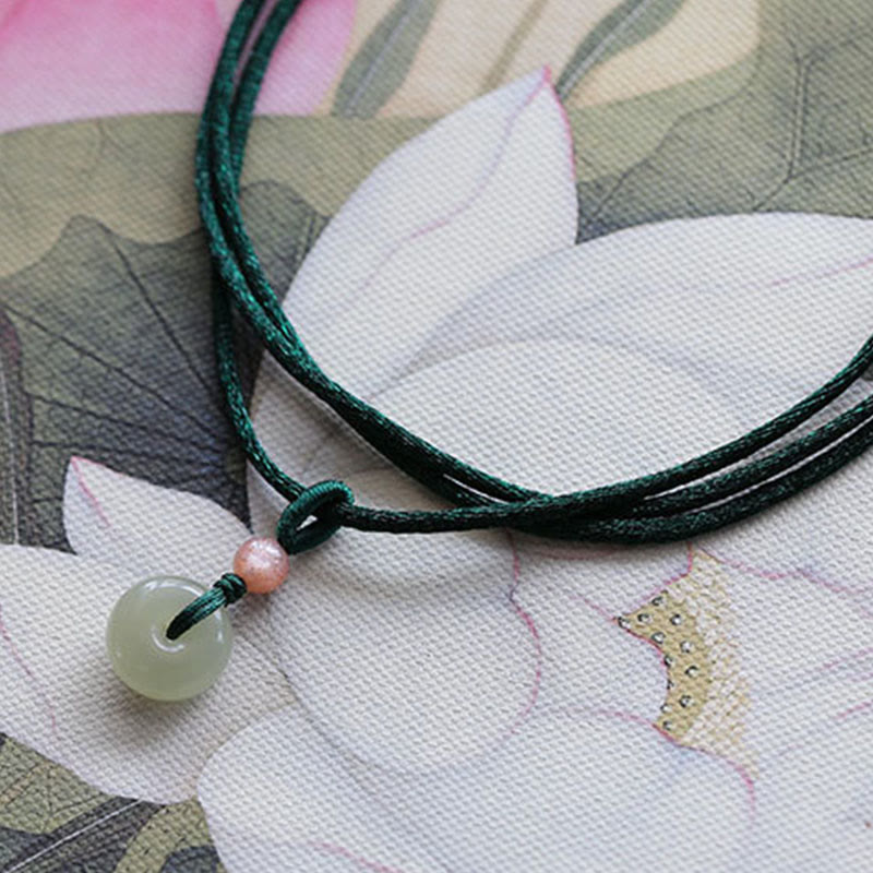 Wear FengShui Natural Round Jade Peace Buckle Lotus Abundance String Necklace Pendant