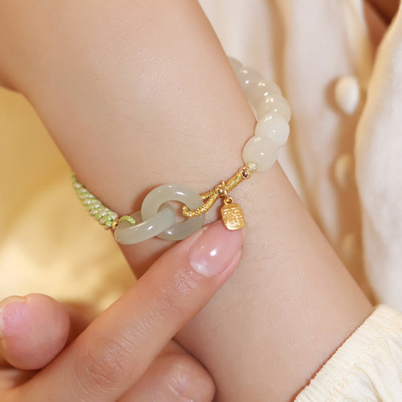 Wear FengShui Natural Hetian Jade Bead Double Peace Buckle Fu Character Abundance Braided Bracelet