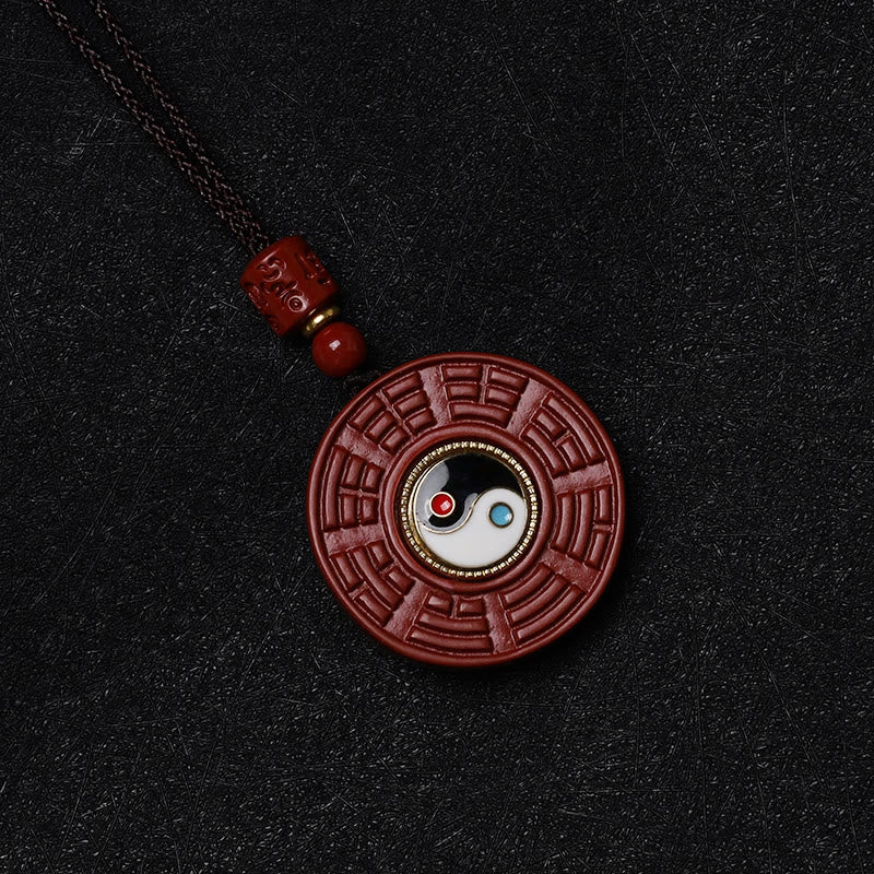 Wear FengShui Natural Cinnabar Bagua Rotatable Yin Yang Keep Away Evil Spirits Necklace Pendant