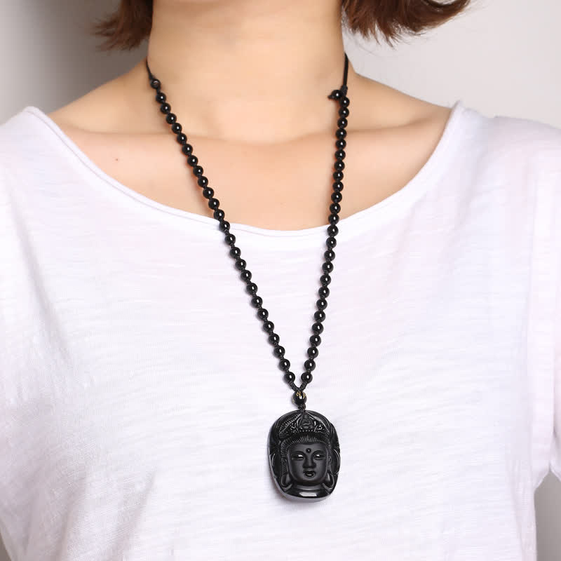 Wear FengShui Natural Black Obsidian Kwan Yin Avalokitesvara Strength String Necklace Pendant