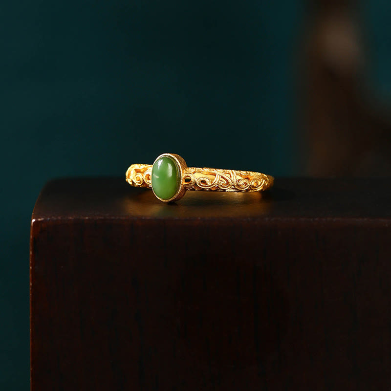 Wear FengShui Auspicious Cloud Pattern Cyan Jade Luck Adjustable Ring