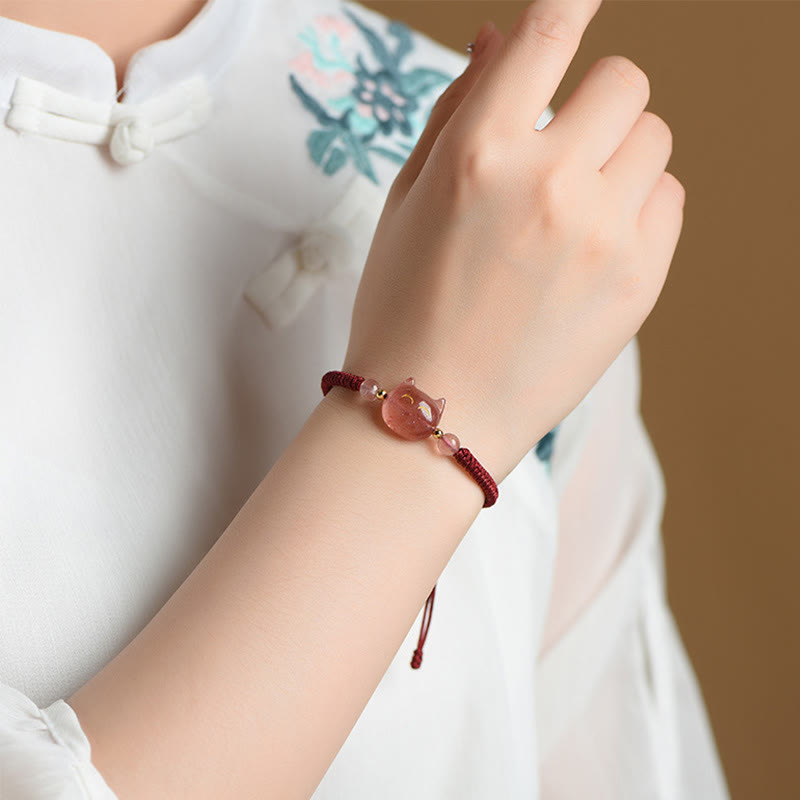 Wear FengShui Handmade Natural Silver Sheen Obsidian Strawberry Quartz Cute Cat Protection Braided Bracelet