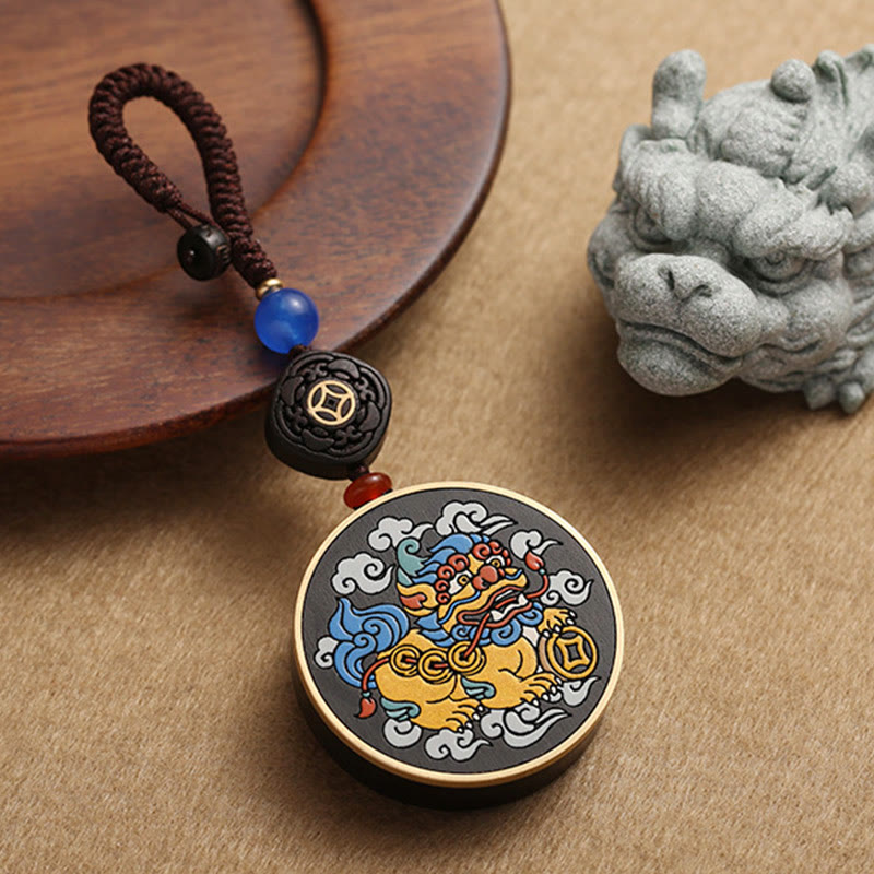 Wear FengShui PiXiu Copper Coin Ebony Wood Luck Attract Wealth Key Chain Decoration