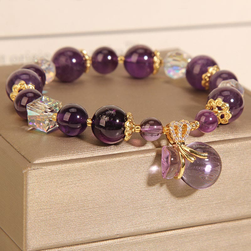 Wear FengShui Natural Amethyst Crystal Money Bag Charm Positive Bracelet