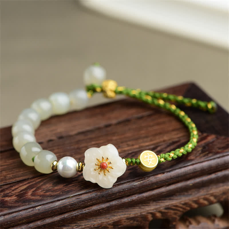 Wear FengShui 925 Sterling Silver Natural Hetian Jade Peach Blossom Luck Bracelet