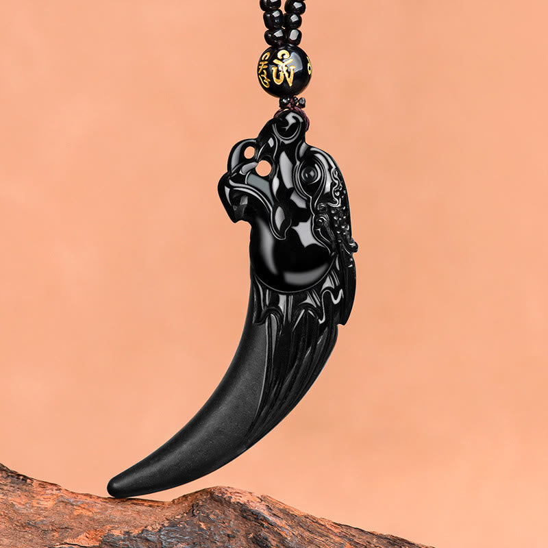 Wear FengShui Natural Black Jade Chinese Zodiac Dragon Tooth Pattern Protection Necklace Pendant