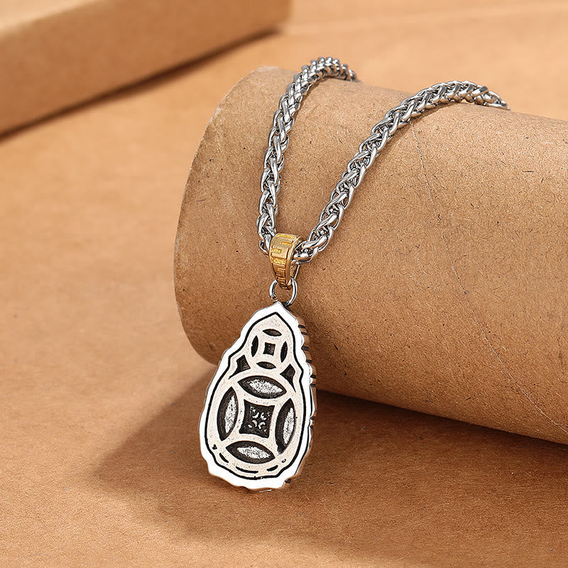 Wear FengShui Tibet Dzi Bead Garuda Pattern Copper Metal Wealth Necklace Pendant