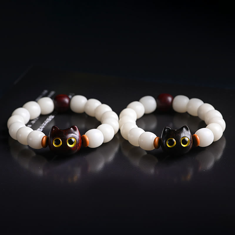 Wear FengShui Natural Bodhi Seed Small Leaf Red Sandalwood Ebony Wood Cute Lucky Cat Wisdom Bracelet