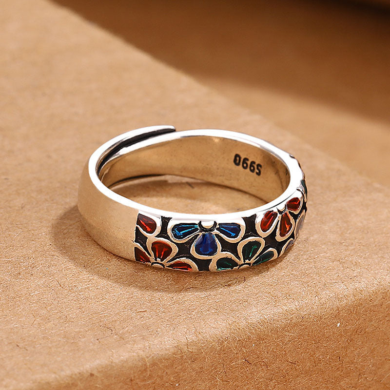 Wear FengShui Colorful Plum Blossoms Design Healing Copper Adjustable Ring