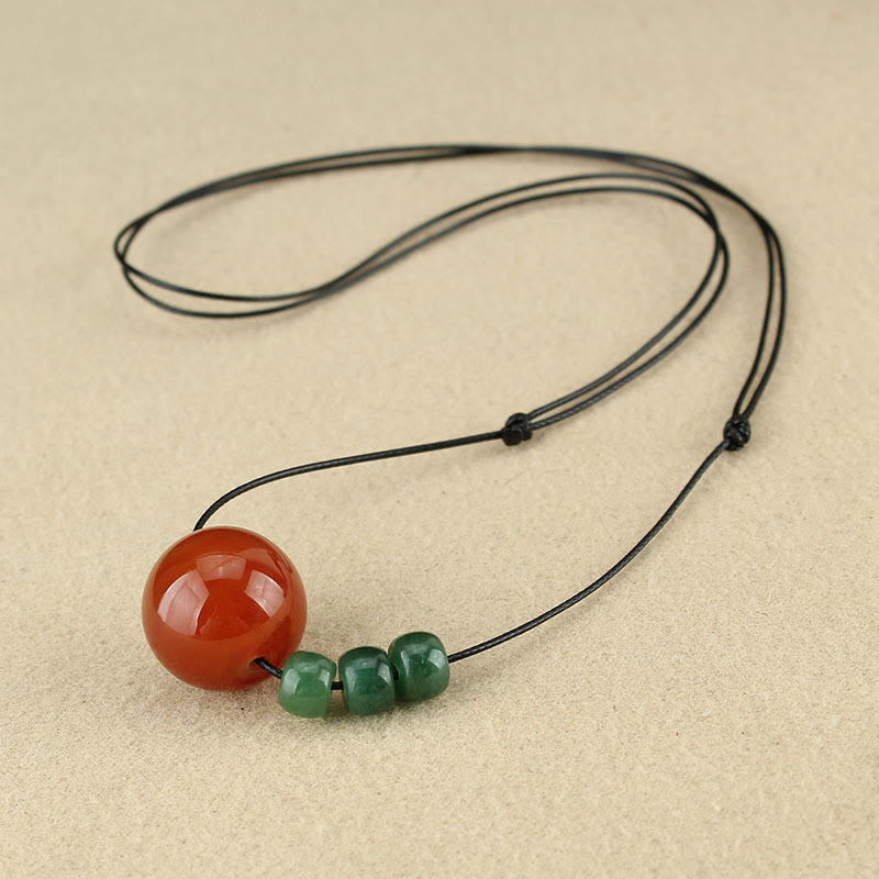 Wear FengShui Red Agate Green Aventurine Green Bodhi Seed Bead Calm Leather Rope Necklace Pendant