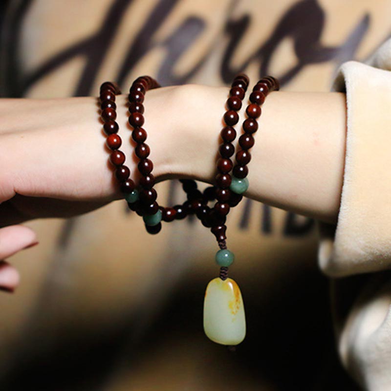 Wear FengShui Tibetan Small Leaf Red Sandalwood Jade Mala Meditation Bracelet
