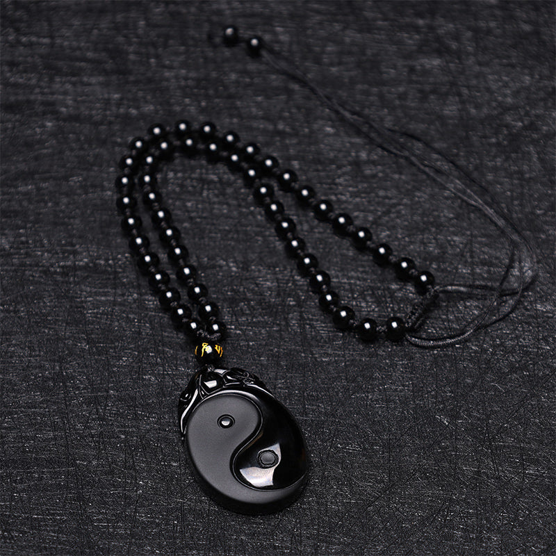 Wear FengShui Natural Black Obsidian Yin Yang Fulfilment Strength Necklace Pendant