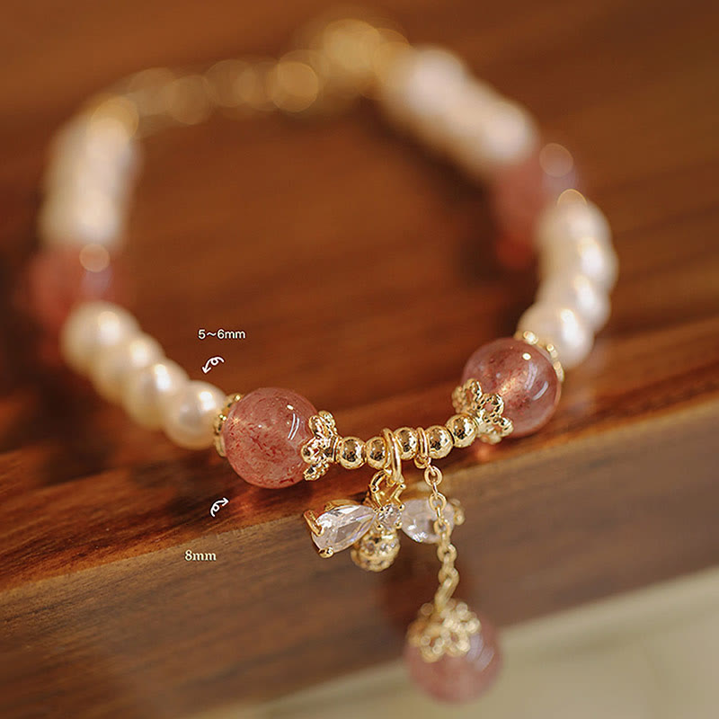 Wear FengShui Natural Pearl Strawberry Quartz Healing Cute Honey Bee Charm Bracelet
