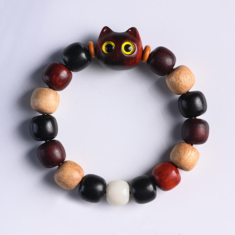 Wear FengShui Small Leaf Red Sandalwood Ebony Wood Cute Cat Engraved Protection Bracelet