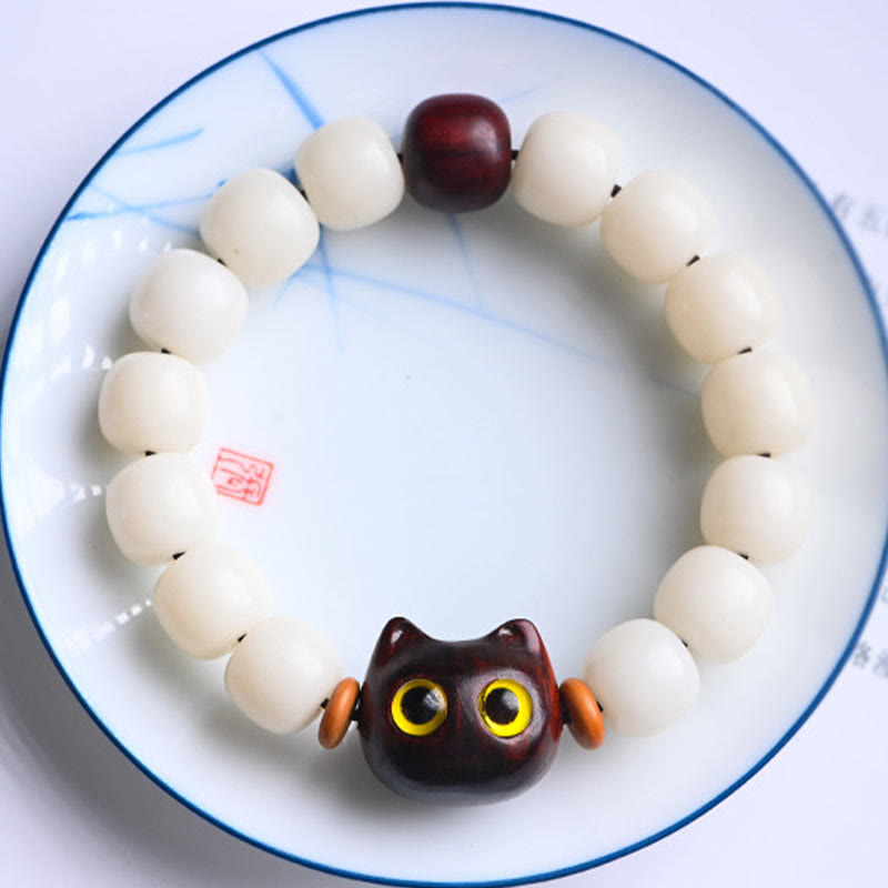 Wear FengShui Natural Bodhi Seed Small Leaf Red Sandalwood Ebony Wood Cute Lucky Cat Wisdom Bracelet