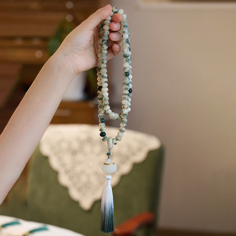 Wear FengShui Natural 108 Mala Beads Bodhi Seed Lotus Engraved Wisdom Tassel Bracelet