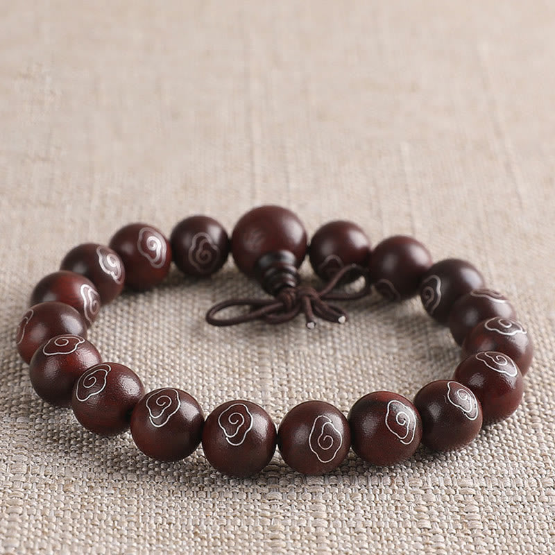 Wear FengShui 925 Sterling Silver Inlaid Small Leaf Red Sandalwood Om Mani Padme Hum Character Auspicious Clouds Protection Bracelet