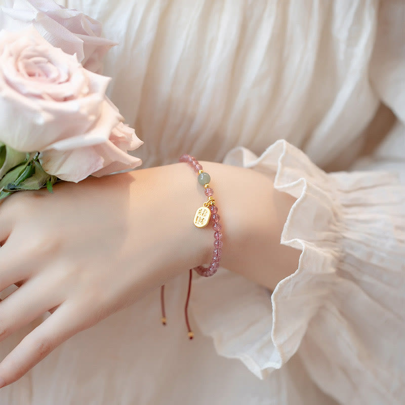Wear FengShui Natural Strawberry Quartz Garnet Jade Lucky Fortune Fu Character Healing Charm Bracelet
