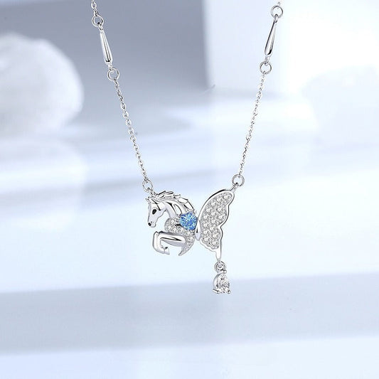 S925 Sterling Silver Butterfly Wing Flying Horse Necklace for Women – Year of the Horse Zodiac Jewelry