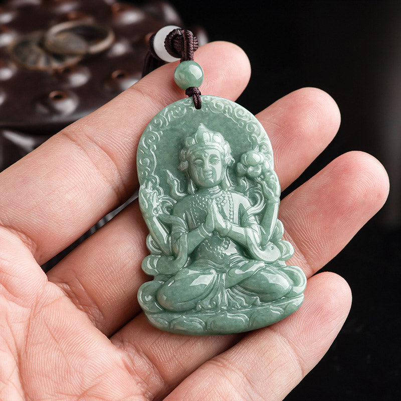 Wear FengShui Four-armed Avalokitesvara Natural Jade Amulet Blessing String Necklace