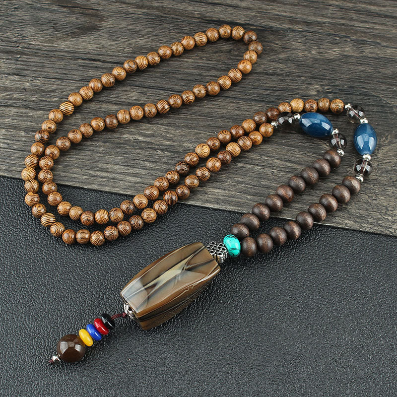 Wear FengShui Tibetan Wenge Wood Bodhi Seed Agate Balance Peace Necklace Pendant