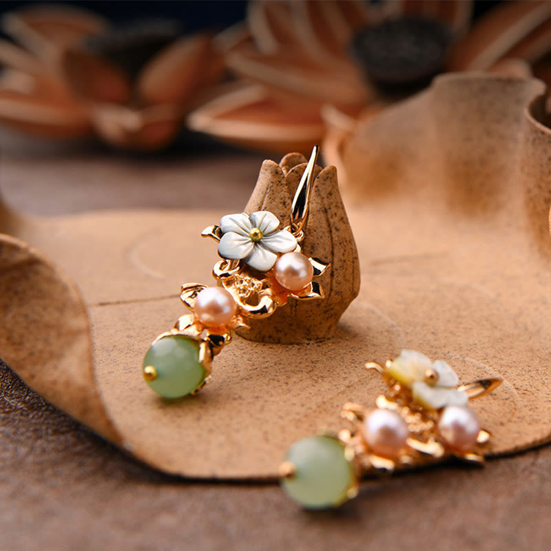 Wear FengShui 14K Gold Plated Tridacna Stone Flower Pearl Green Aventurine Bead Drop Earrings