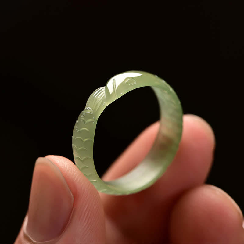 Wear FengShui Hetian White Jade Cyan Jade Koi Fish Success Luck Ring