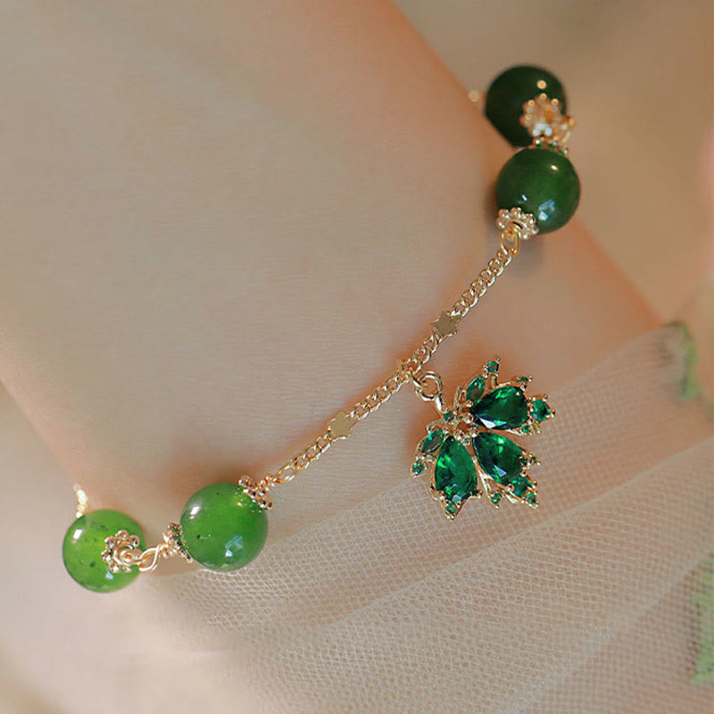 Wear FengShui 14k Gold Plated Green Chalcedony Maple Leaf Courage Strength Bracelet