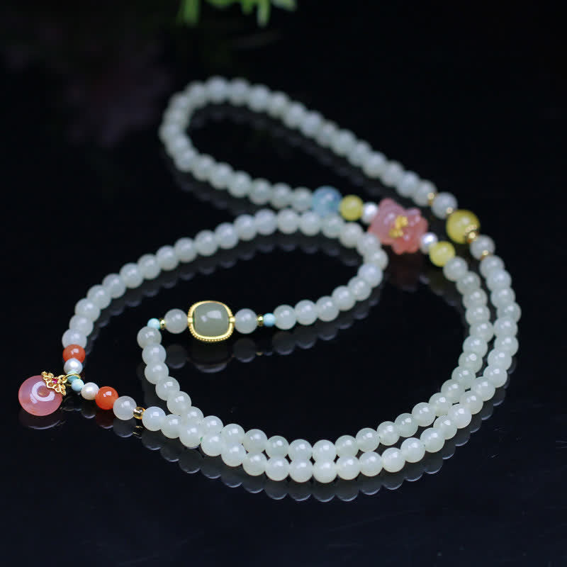 Wear FengShui Natural Hetian Jade Pink Crystal Peace Buckle Happiness Abundance Bracelet