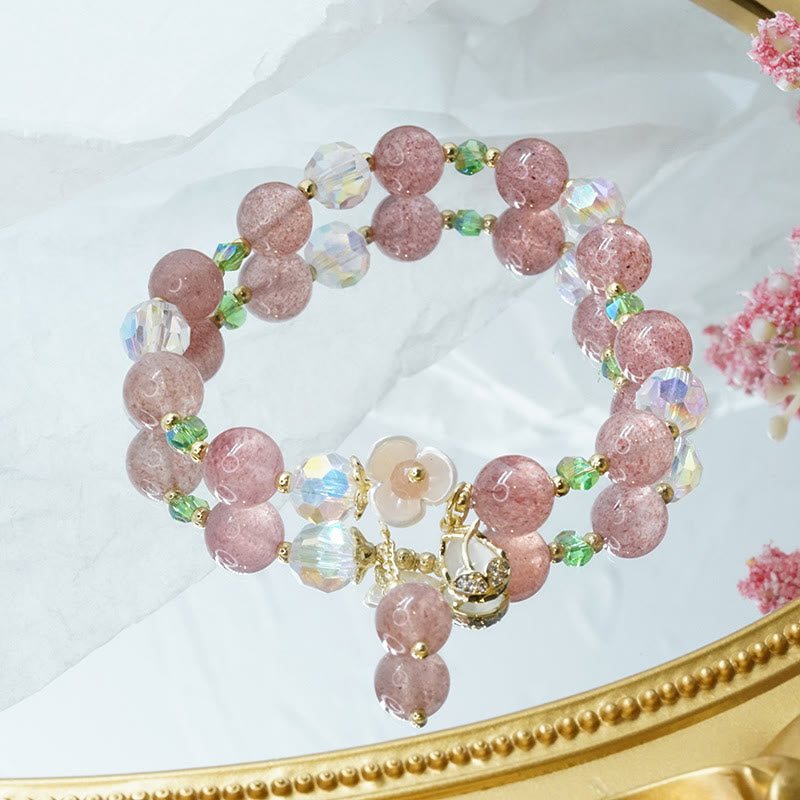 Wear FengShui Strawberry Quartz Rutilated Quartz Fluorite Flower Healing Bracelet