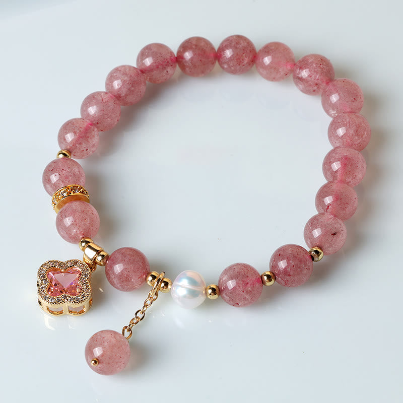 Wear FengShui Strawberry Quartz Pearl Four Leaf Clover Charm Healing Bracelet