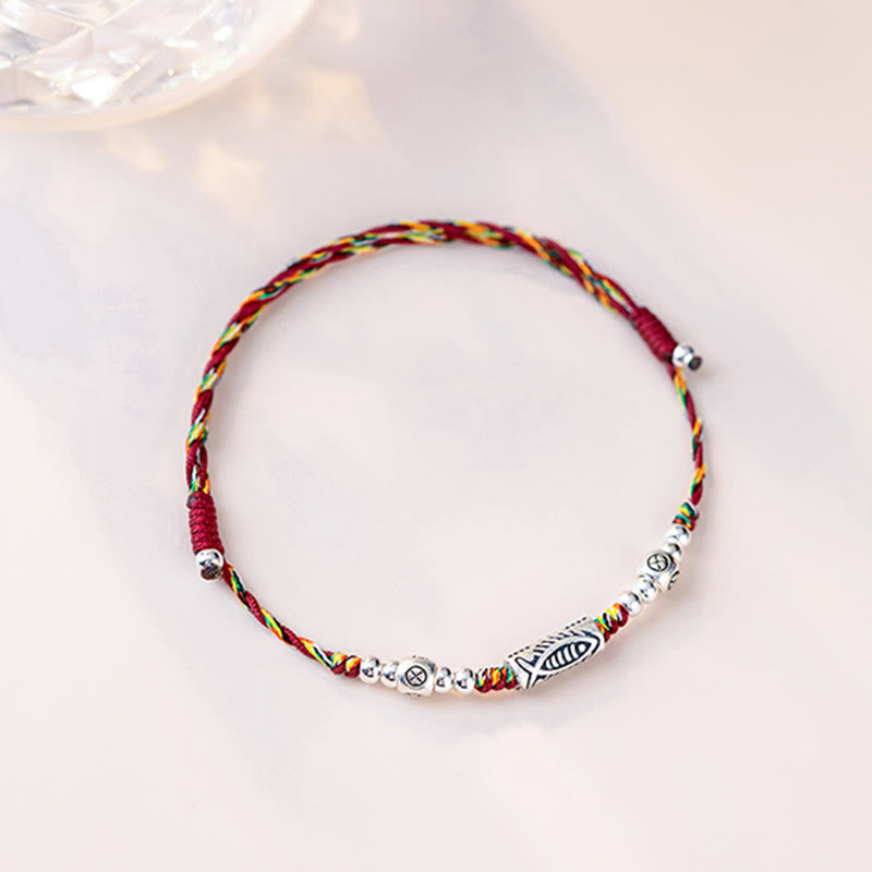 Wear FengShui 925 Sterling Silver Luck Koi Fish Braided Colorful String Bracelet Anklet