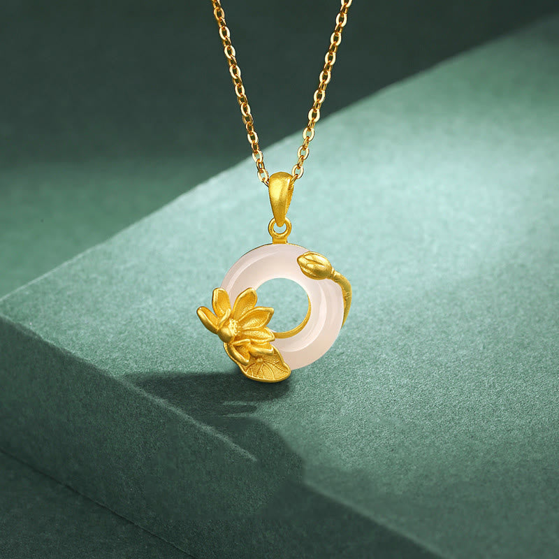 Wear FengShui Natural White Chalcedony Peace Buckle Lotus Pendant S925 Sterling Silver Necklace
