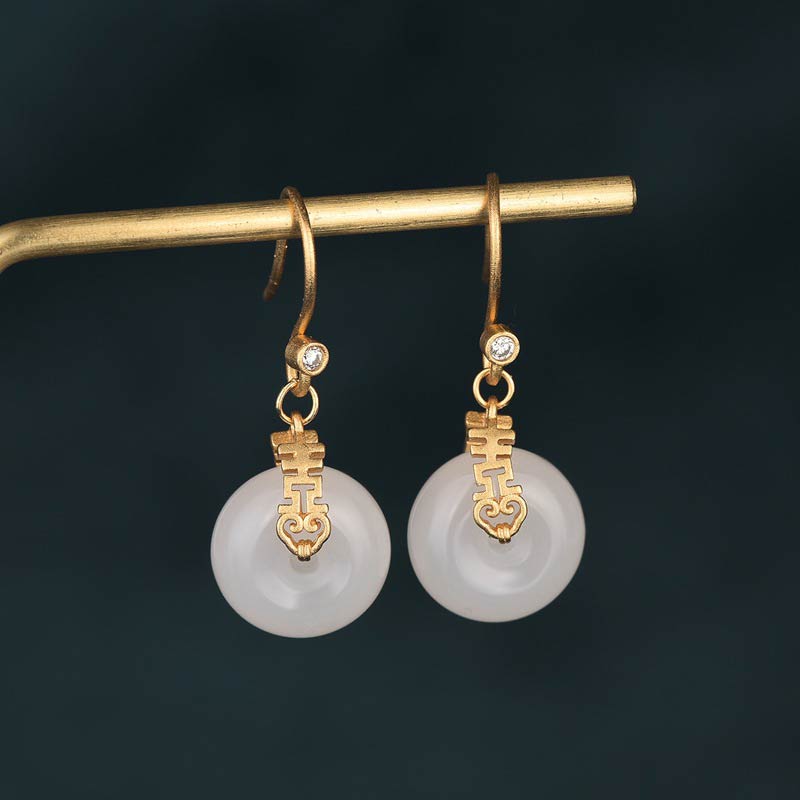 Wear FengShui White Jade Double Happiness Fortune Earrings