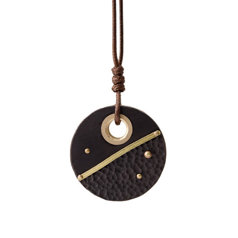 Wear FengShui Handcrafted Round Ebony Wood Brass Copper Peace Necklace Pendant