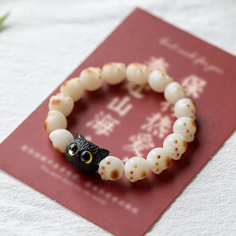 Wear FengShui Natural Bodhi Seed Red Sandalwood Lovely Paw Lucky Cat Peace Bracelet