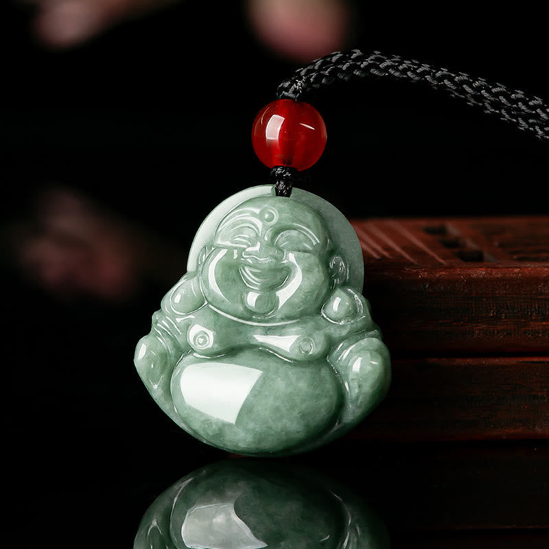 Wear FengShui Natural Green Jade Laughing Buddha Luck Abundance Necklace Pendant