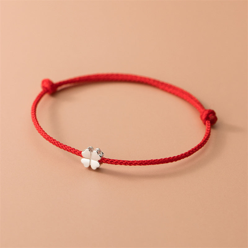 Wear FengShui 925 Sterling Silver Four Leaf Clover Red Rope Bracelet