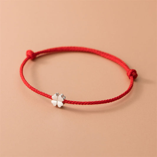 Wear FengShui 925 Sterling Silver Four Leaf Clover Red Rope Bracelet