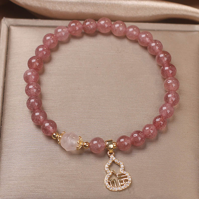Wear FengShui Strawberry Quartz Gourd Fu Character Charm Positive Bracelet