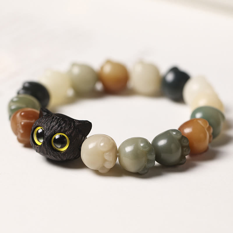 Wear FengShui Natural Bodhi Seed Lovely Paw Ebony Wood Lucky Cat Wisdom Bracelet