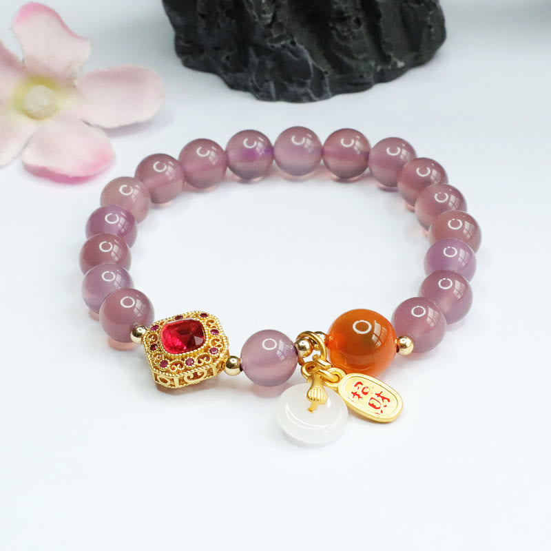 Wear FengShui Natural Purple Chalcedony Candy Agate Peace Buckle Harmony Lucky Fortune Charm Bracelet
