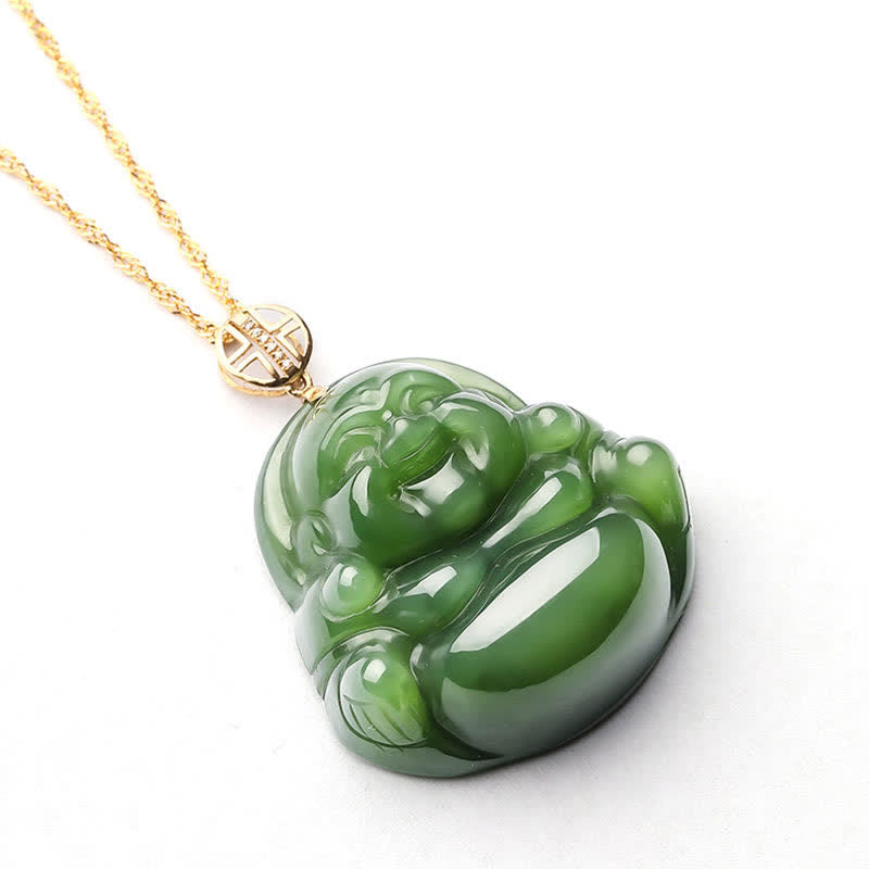 Wear FengShui 925 Sterling Silver Laughing Buddha Hetian Cyan Jade 18K Gold Success Necklace Chain Pendant