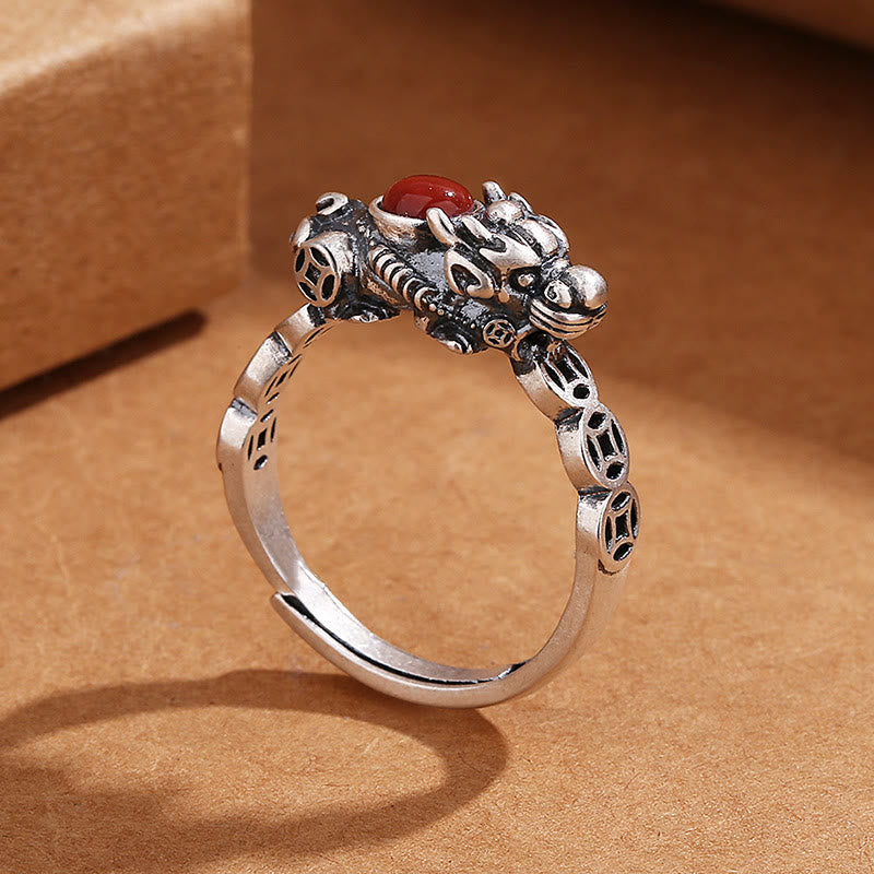 Wear FengShui PiXiu Copper Coin Red Agate Wealth Luck Ring