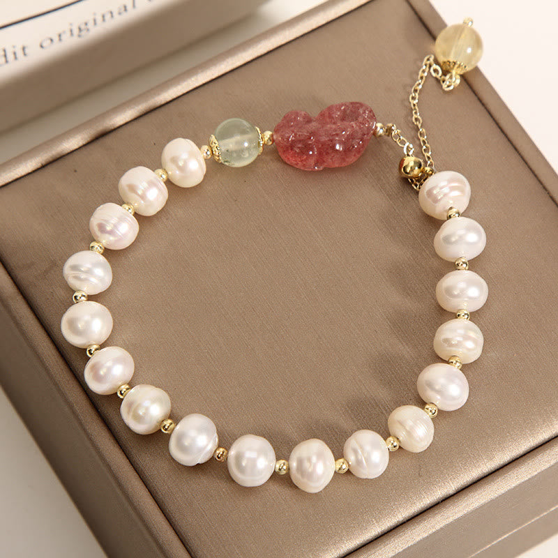 Wear FengShui Natural Pearl Strawberry Quartz PiXiu Optimism Charm Bracelet