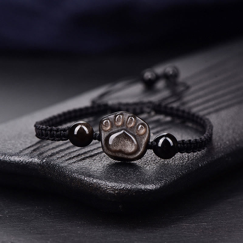 Wear FengShui Natural Silver Sheen Obsidian Gold Sheen Obsidian Cat Claw Soothing Braided Bracelet